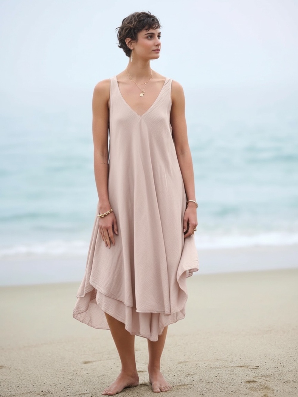 CP Shades Gorsuch Silk Cotton ANDI Tank Midi Dress SZ S Nude Pink Layered $458